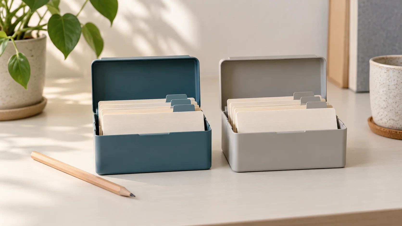 Two open card holders with blank cards and a pencil on a light-colored desk.