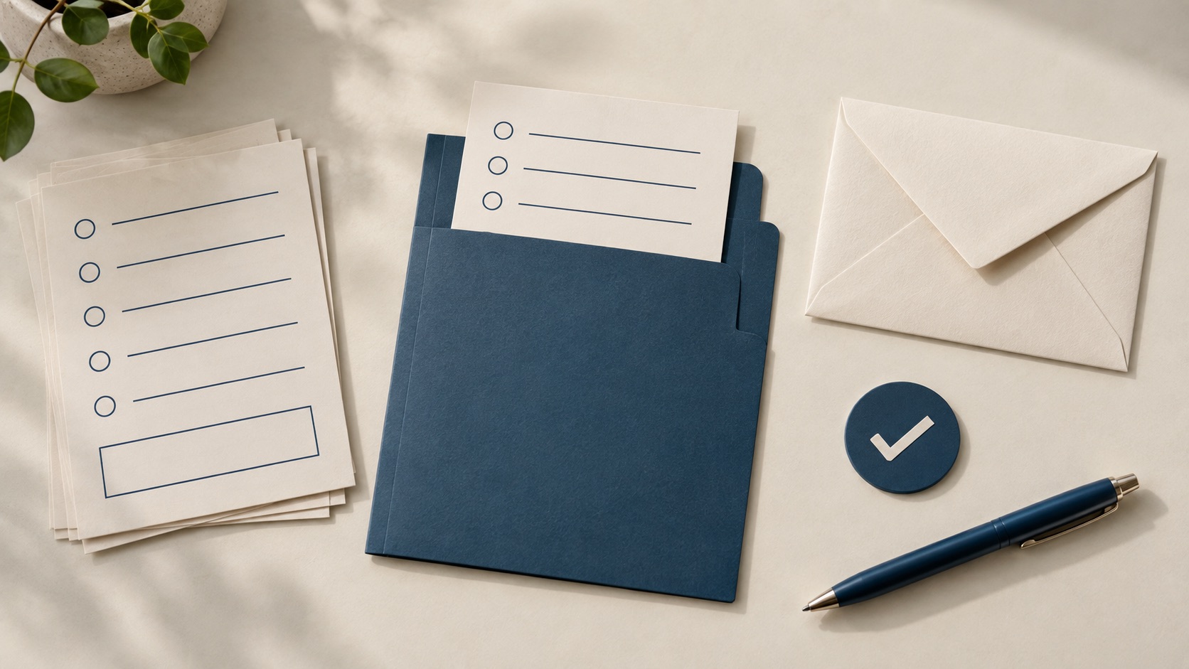 Editorial illustration of form cards, a blue document folder, an envelope, and a check mark.